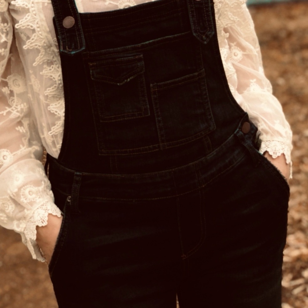 Free People Y2K Black Women's Washed Denim Overalls Stretched Bib Jumpsuit 24 - Picture 2 of 10